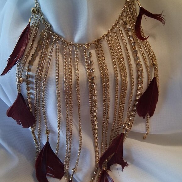NWOTD Natasha Chains, Rhinestone and Feathers Goldtone Statement Necklace - Picture 1 of 5